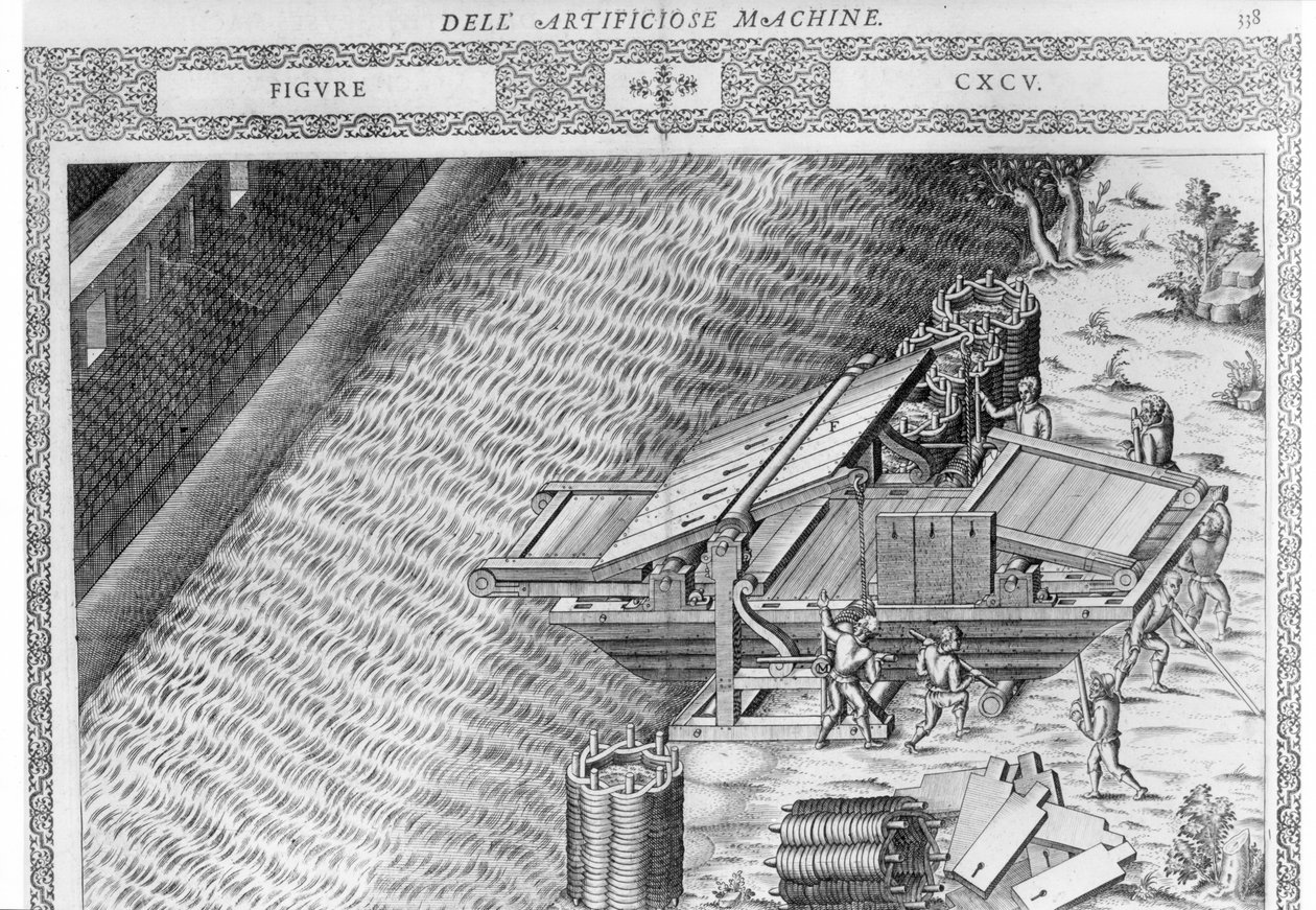 Ponte feita em forma de barco, ilustração de &39;Diverse Imaginary Machines&39; de Agostino Ramelli, publicada em Paris em 1588 (gravura em chapa de cobre) de Agostino Ramelli