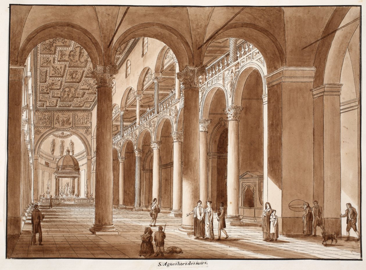 Basílica de Sant&39;Agnese fuori le Mura, 1833 (gravura com lavagem marrom) de Agostino Tofanelli