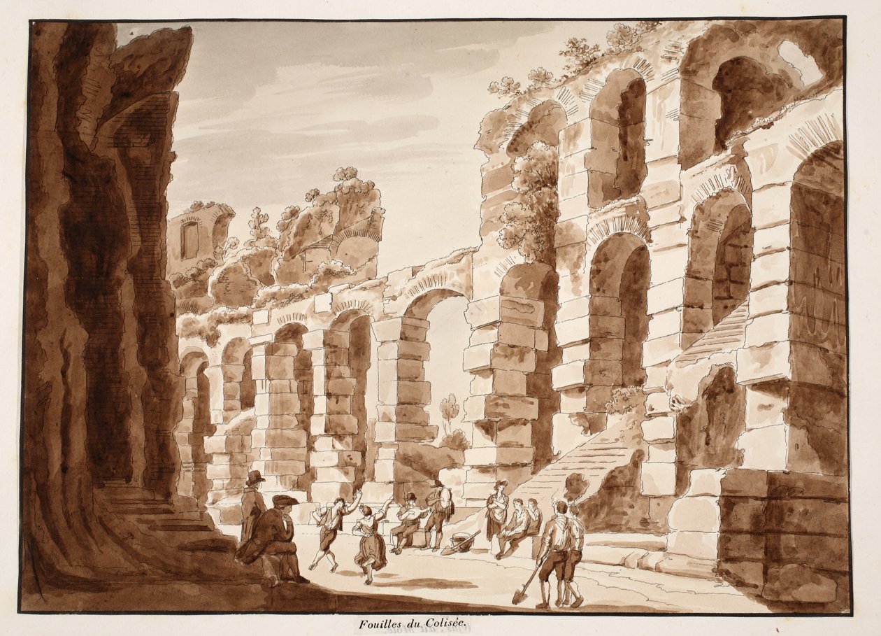 Escavações no Coliseu, 1883 (gravura com lavagem marrom) de Agostino Tofanelli
