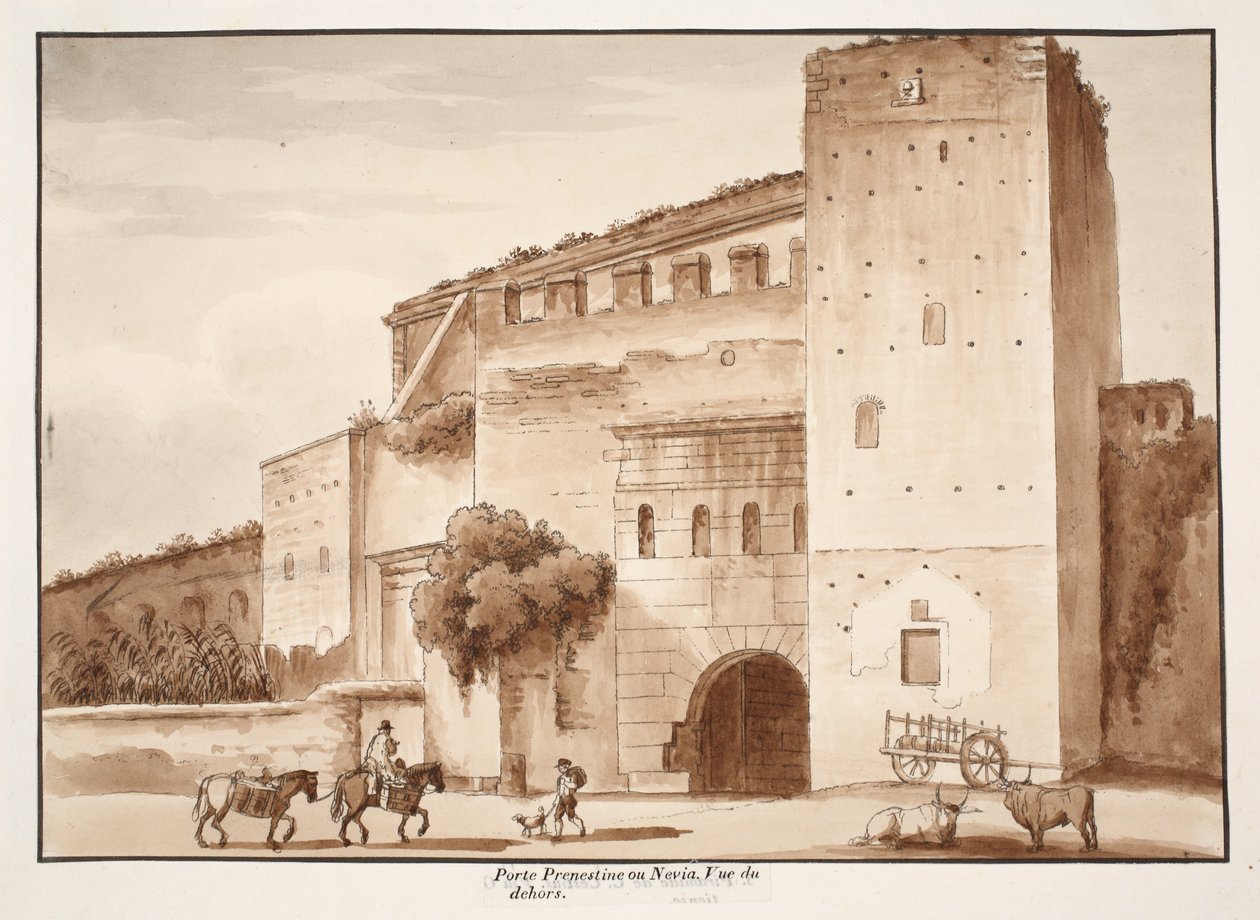 Vista exterior da Porta Prenestina ou Nevia, 1833 (gravura com lavagem castanha) de Agostino Tofanelli