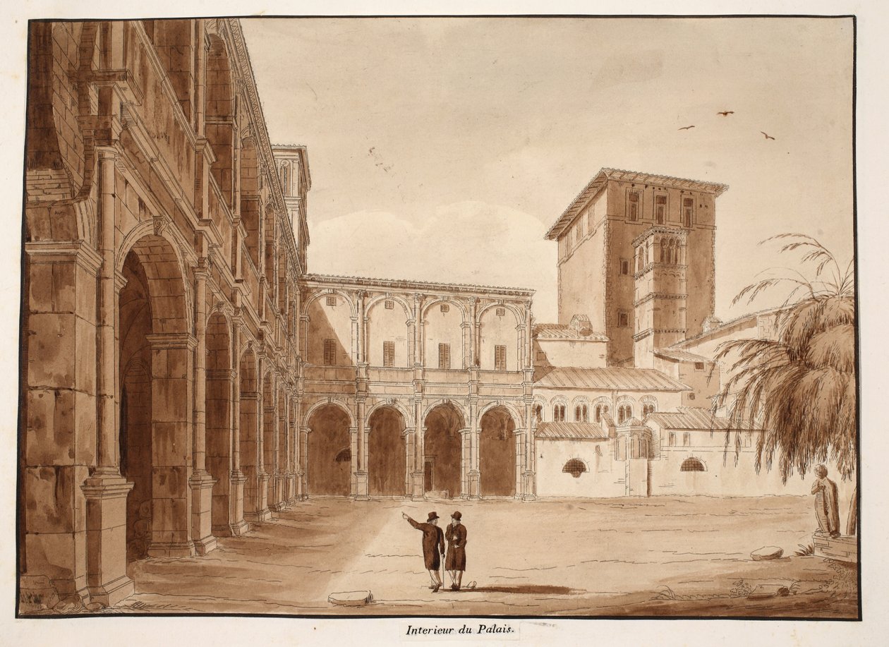 Dentro do Palazzo di Venezia, 1833 (gravura com lavagem marrom) de Agostino Tofanelli