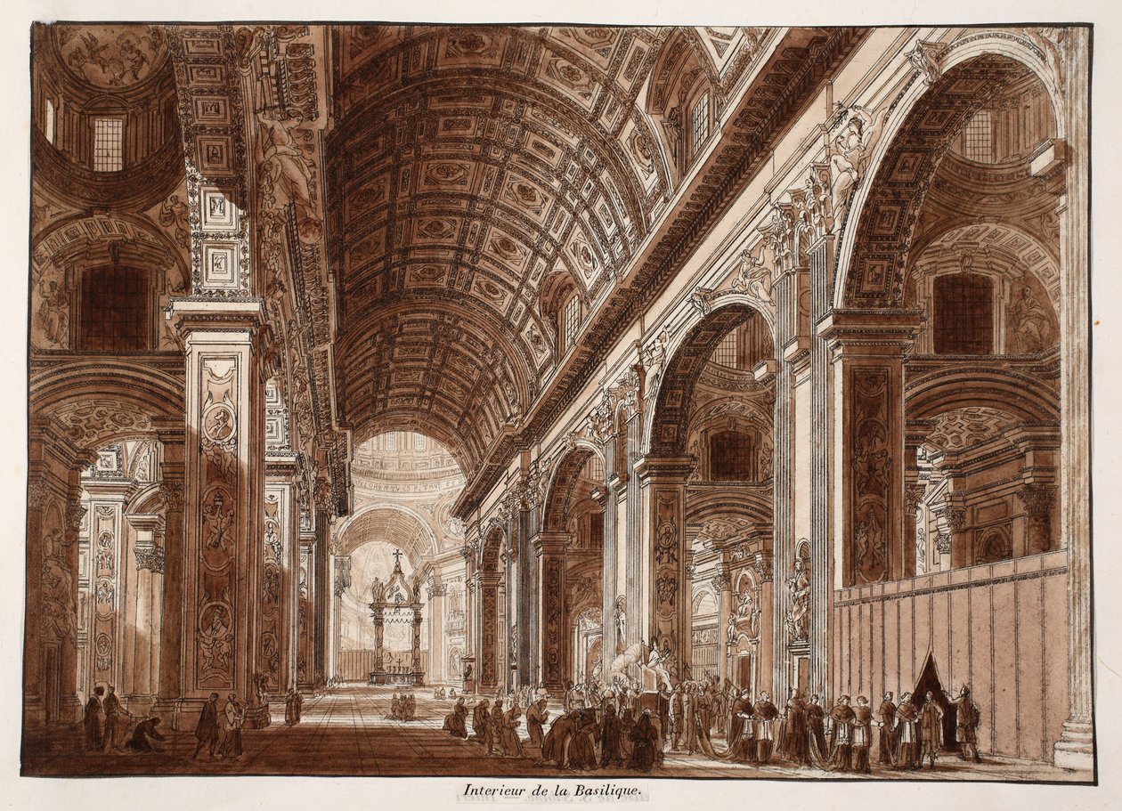 Interior da Basílica de São Pedro, 1833 (gravura com lavagem marrom) de Agostino Tofanelli