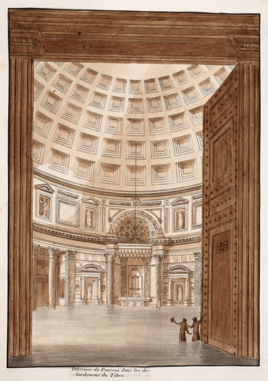 Interior do Panteão após o Tibre quebrou suas margens, 1833 (gravura com lavagem marrom) de Agostino Tofanelli