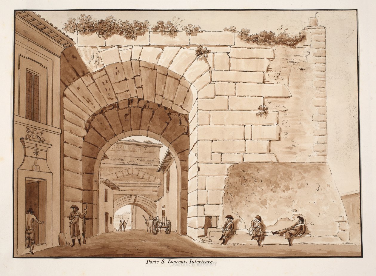 Interior da Porta San Lorenzo, 1833 (gravura com lavagem marrom) de Agostino Tofanelli