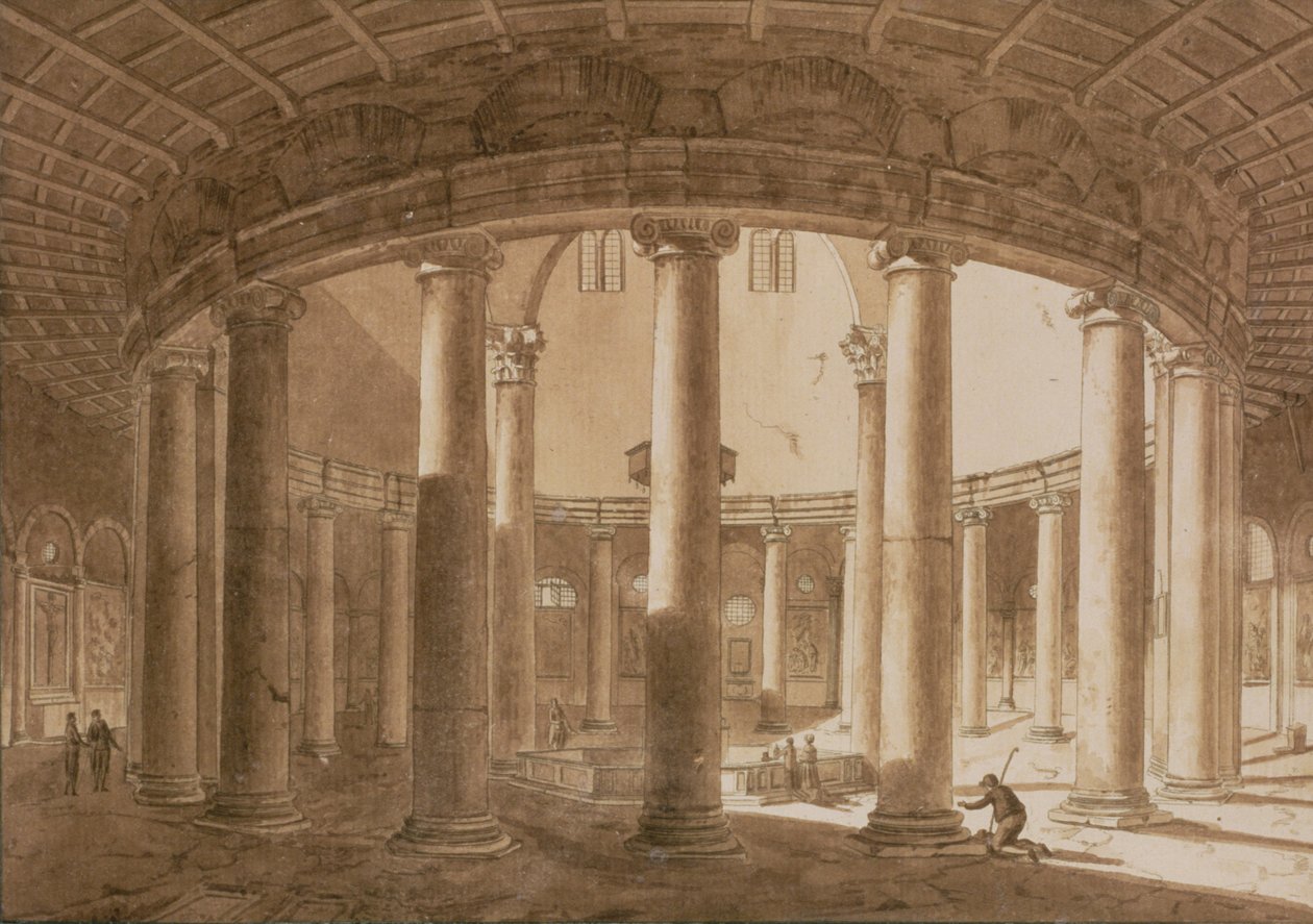 Interior do Templo de Cláudio em Roma, c.1800 (caneta e sépia no papel) de Agostino Tofanelli