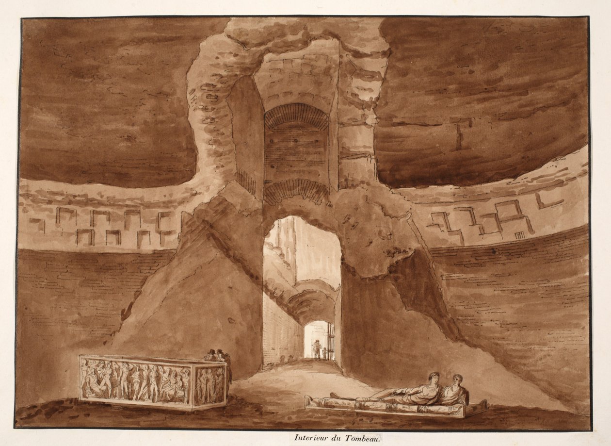 Interior do túmulo de Alexandre Severo, 1833 (gravura com lavagem marrom) de Agostino Tofanelli