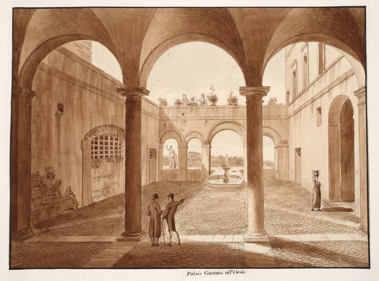 Palazzo Caetani all&39;Orso, 1833 (gravura com lavagem marrom) de Agostino Tofanelli