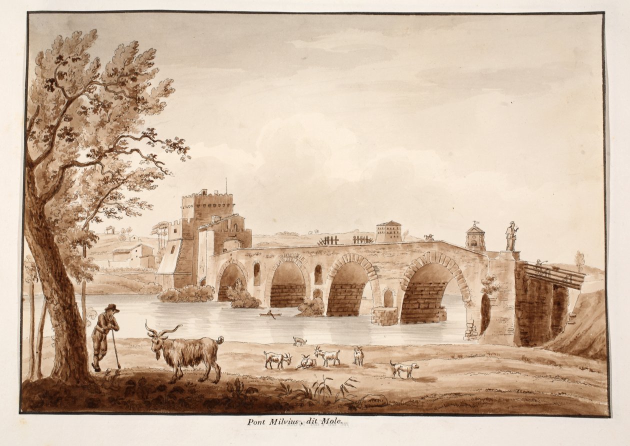 Ponte Milvio, ou Ponte Molle, 1833 (gravura com lavagem marrom) de Agostino Tofanelli