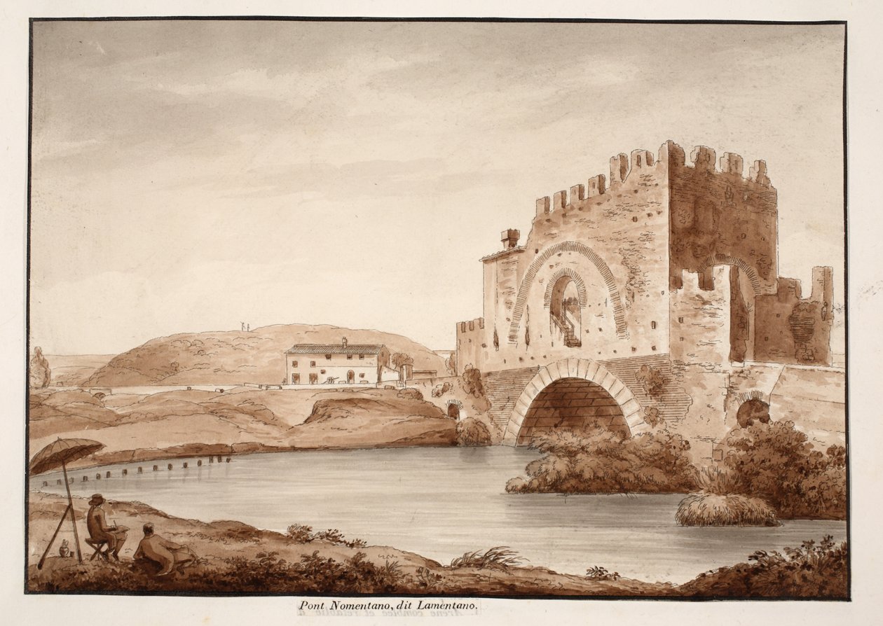 Ponte Nomentano, ou Lamentano, 1833 (gravura com lavagem marrom) de Agostino Tofanelli