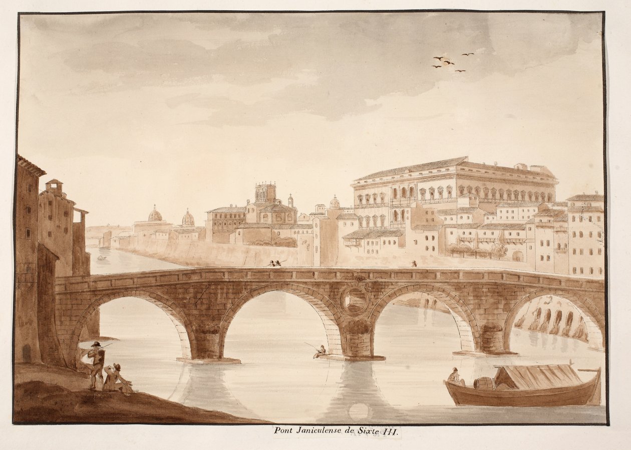 Ponte Sisto, 1833 (gravura com lavagem marrom) de Agostino Tofanelli