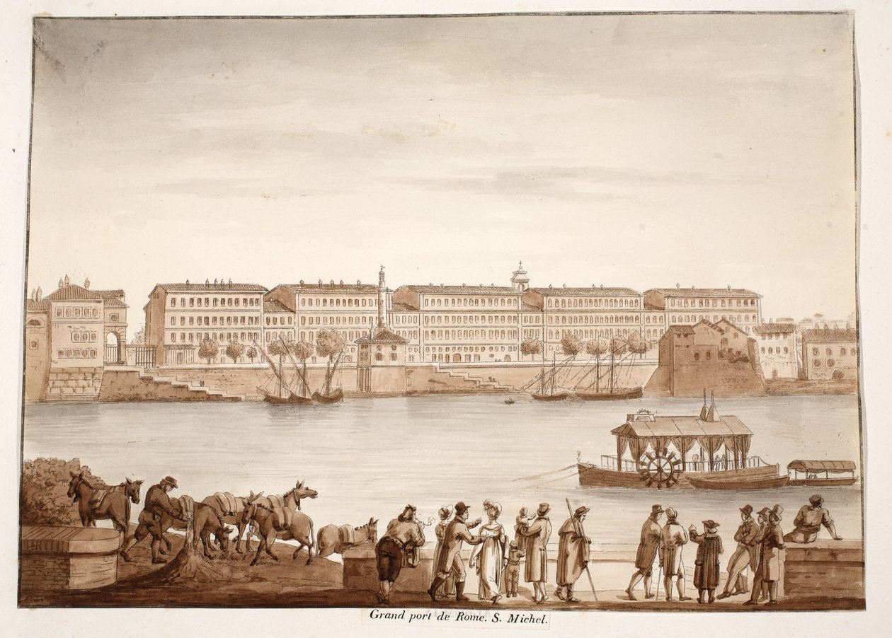 Porto de Ripa Grande e Ospizio di S. Michele, 1833 (gravura com lavagem marrom) de Agostino Tofanelli