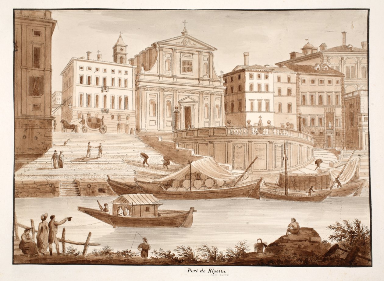 Porto di Ripetta, 1833 (gravura com lavagem marrom) de Agostino Tofanelli