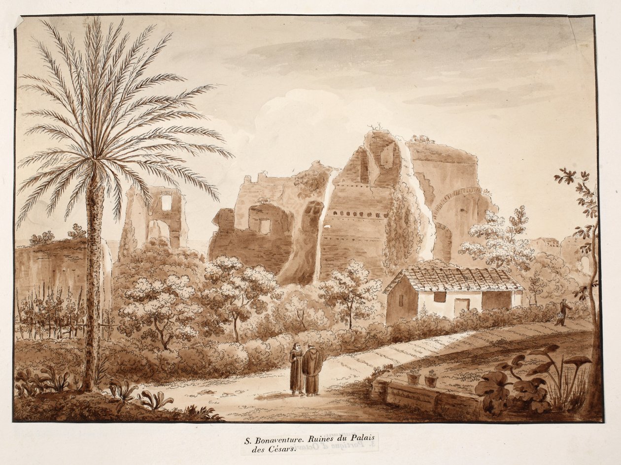 San Bonaventura e as ruínas do Palácio dos Césares, 1833 (gravura com lavagem marrom) de Agostino Tofanelli
