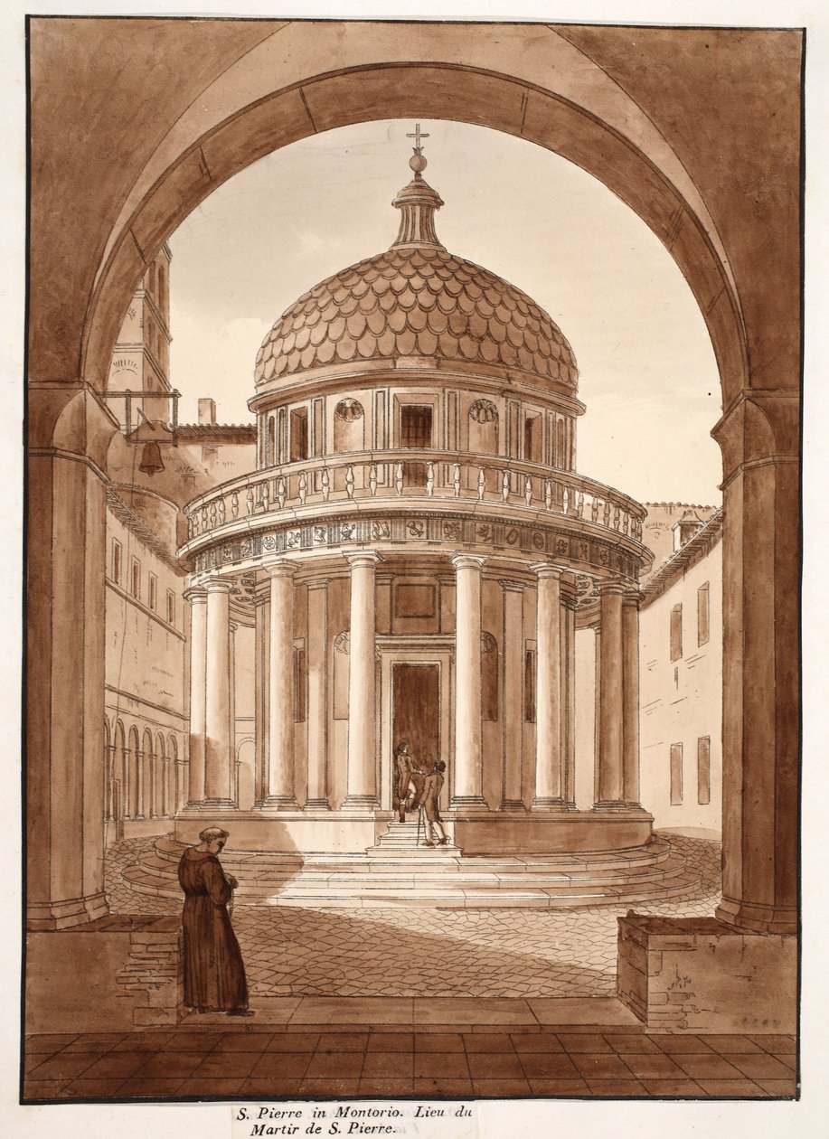 San Pietro in Montorio, o local do martírio de São Pedro, 1833 (gravura com água marrom) de Agostino Tofanelli