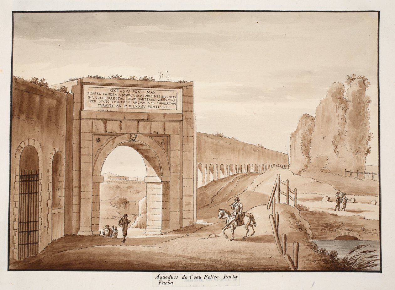 O Acqua Felice e Porta Furba, 1833 (gravura com lavagem marrom) de Agostino Tofanelli