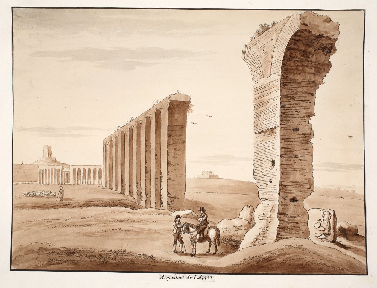 O Aqua Appia, 1833 (gravura com lavagem marrom) de Agostino Tofanelli