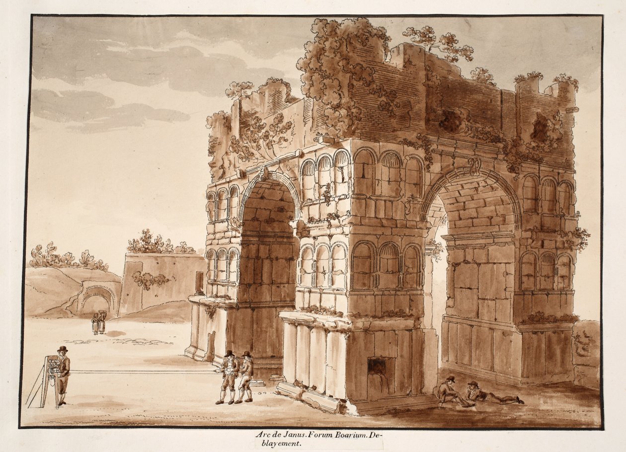 O Arco de Janus: Escavação do Forum Boarium, 1833 (gravura com lavagem marrom) de Agostino Tofanelli