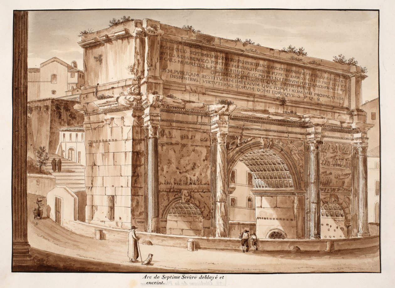 O Arco de Septimius Severus, escavado e cercado por uma parede, 1833 (gravura com lavagem marrom) de Agostino Tofanelli
