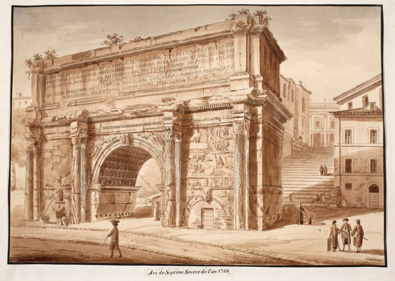 O Arco de Septimius Severus no ano 1788, 1833 (gravura com lavagem marrom) de Agostino Tofanelli