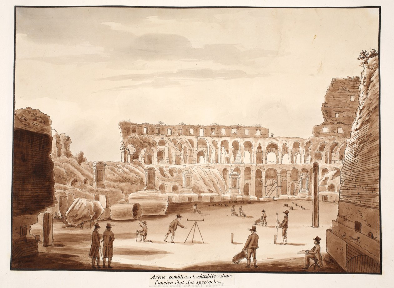 A Arena do Coliseu preenchido e restaurado ao seu antigo estado, 1833 (gravura com lavagem marrom) de Agostino Tofanelli