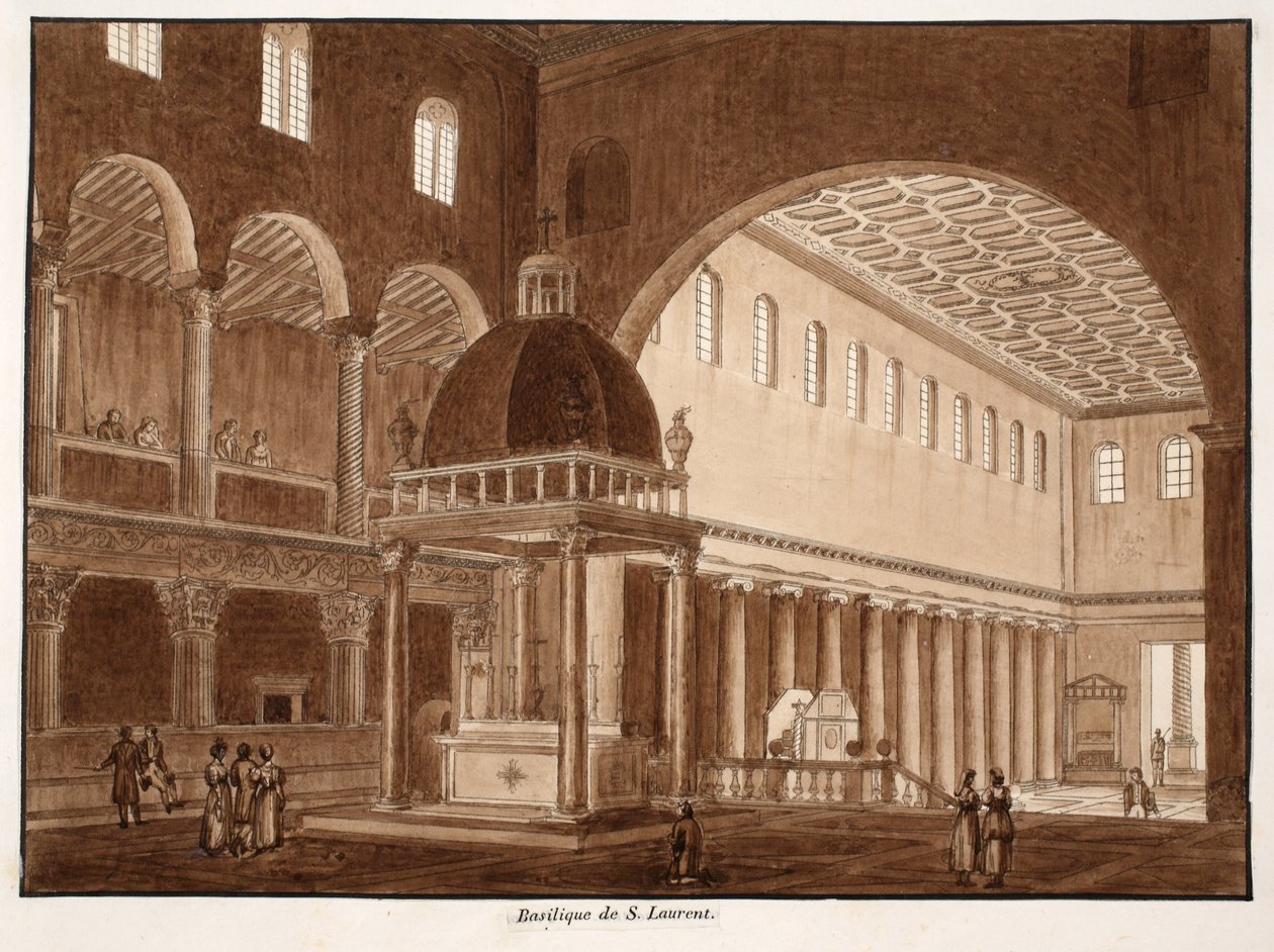 A Basílica de San Lorenzo, 1833 (gravura com lavagem marrom) de Agostino Tofanelli