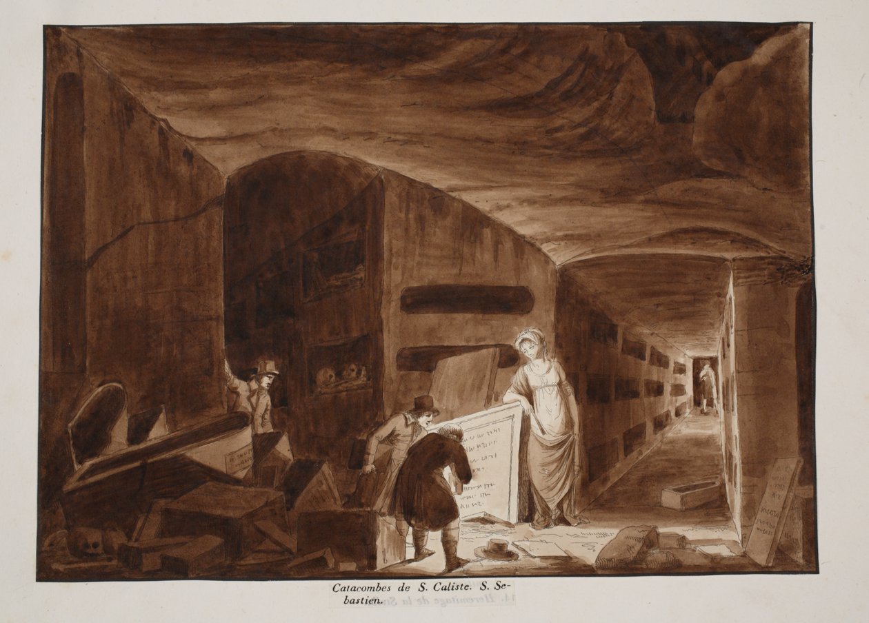 As Catacumbas de São Calixto, 1833 (gravura com lavagem marrom) de Agostino Tofanelli