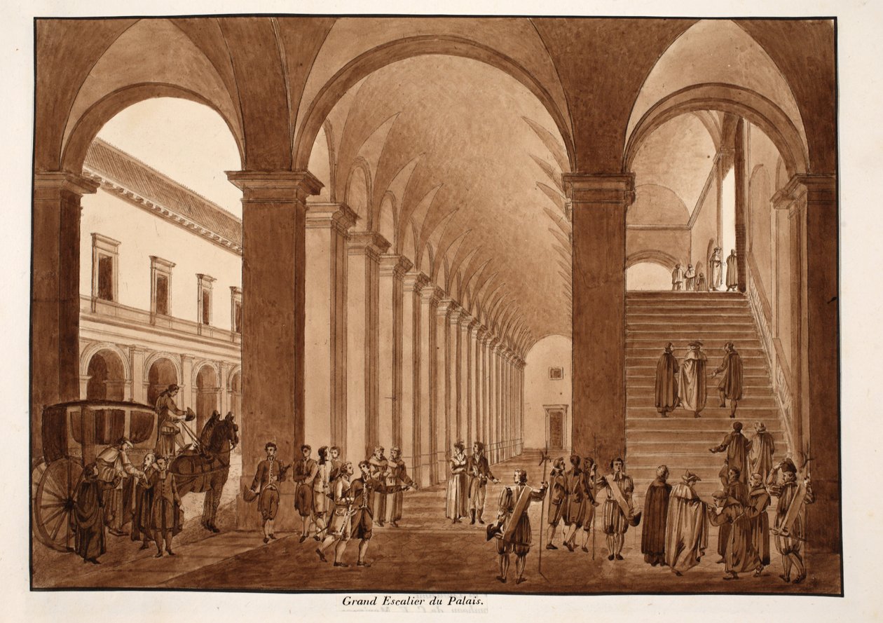 A escadaria principal do Palazzo del Quirinale, 1833 (gravura com lavagem marrom) de Agostino Tofanelli