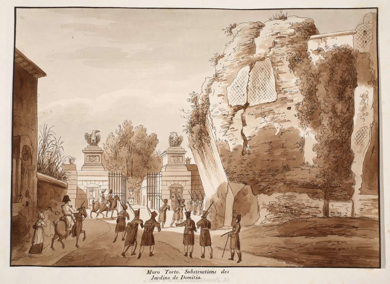 O Muro Torto, e fundações dos Jardins de Domiciano, 1833 (gravura com lavagem marrom) de Agostino Tofanelli