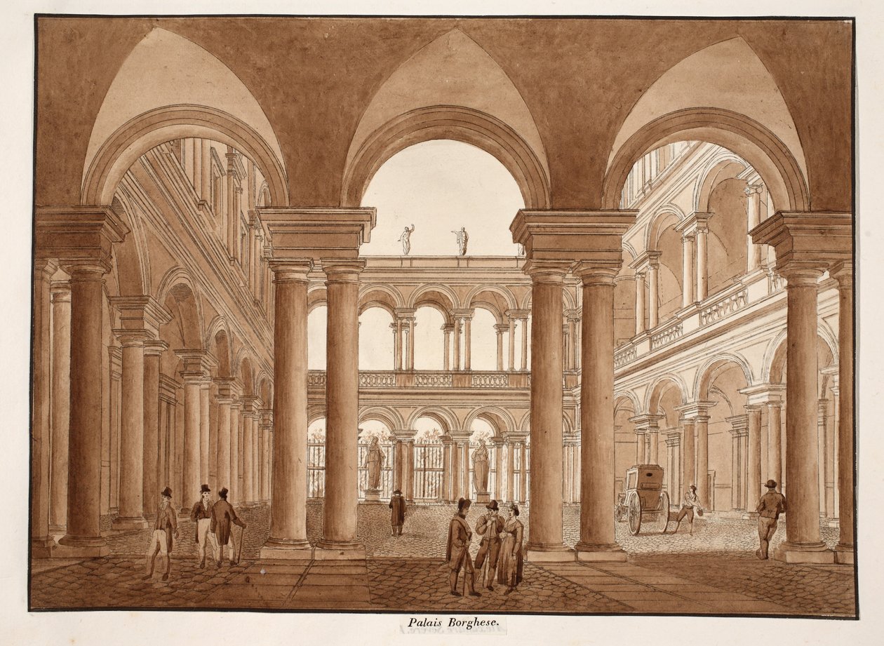 O Palazzo Borghese, 1833 (gravura com lavagem marrom) de Agostino Tofanelli
