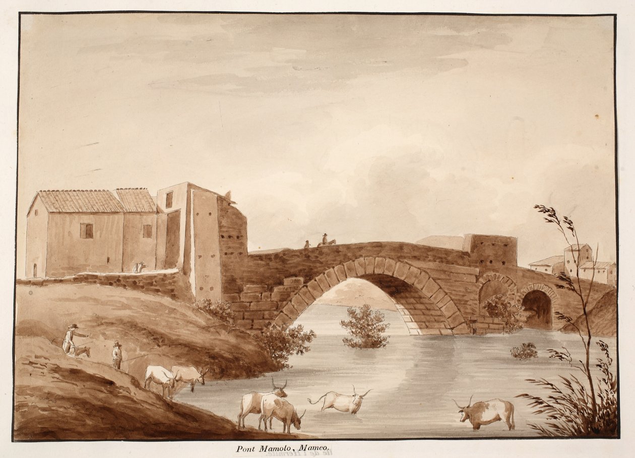 A Ponte Mammolo, 1833 (gravura com lavagem marrom) de Agostino Tofanelli