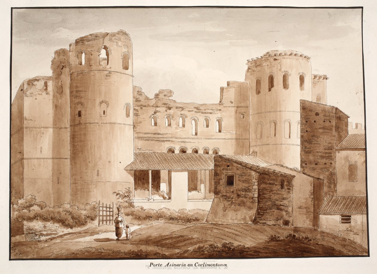 O Porta Asinaria ou Coelimontana, 1833 (gravura com lavagem marrom) de Agostino Tofanelli