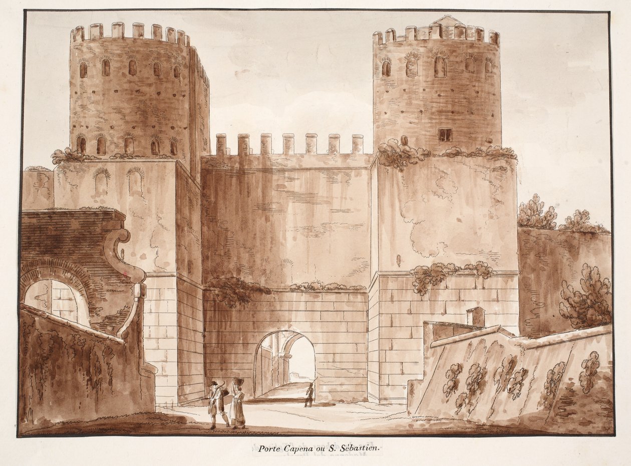 O Porta Capena ou Porta San Sebastiano, 1833 (gravura com lavagem marrom) de Agostino Tofanelli