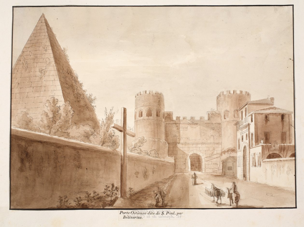 A Porta Ostiensis ou San Paolo, construída por Belisarius, 1833 (gravura com lavagem marrom) de Agostino Tofanelli