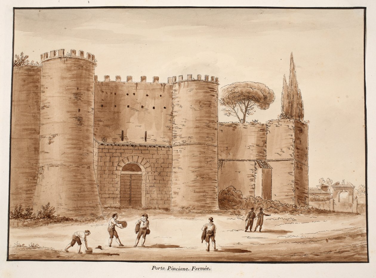 O Porta Pinciana, fechado, 1833 (gravura com lavagem marrom) de Agostino Tofanelli
