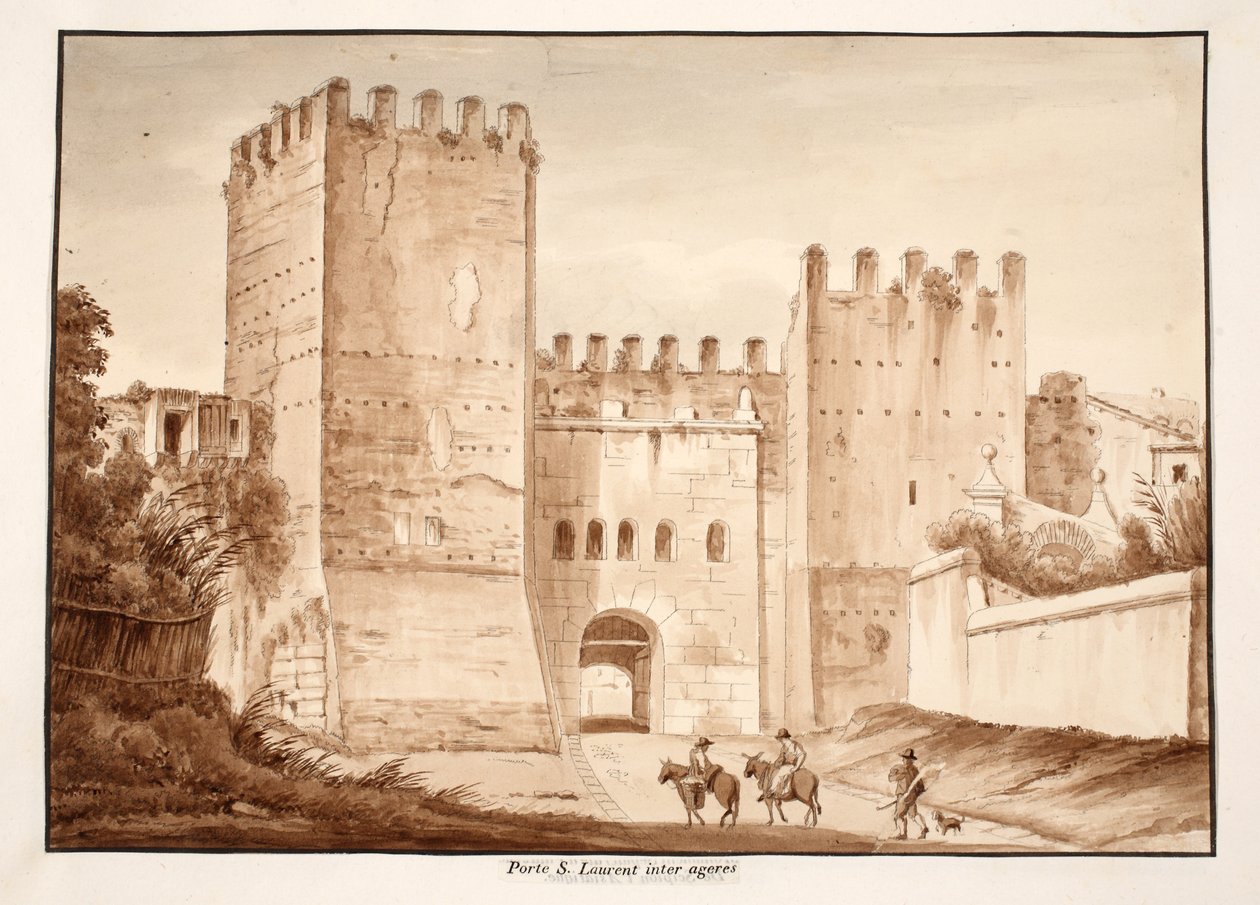 A Porta San Lorenzo, inter ageres, 1833 (gravura com lavagem marrom) de Agostino Tofanelli