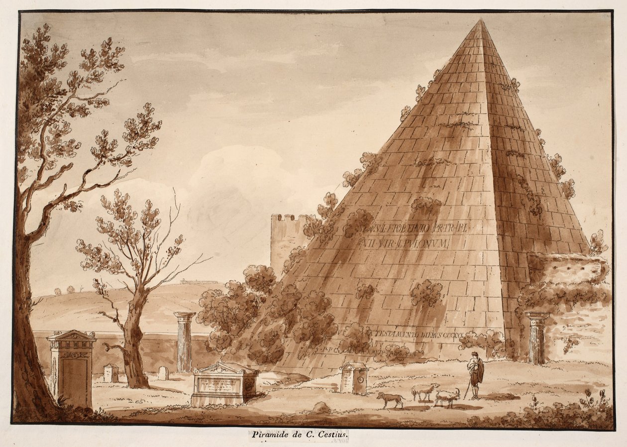 A pirâmide de C.Cestius, 1833 (gravura com lavagem marrom) de Agostino Tofanelli