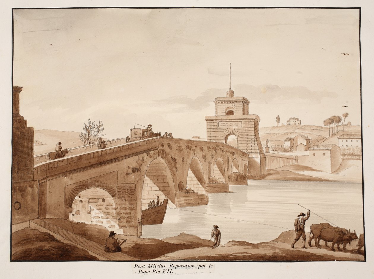 A Restauração da Ponte Milvio pelo Papa Pio VII, 1833 (gravura com lavagem marrom) de Agostino Tofanelli