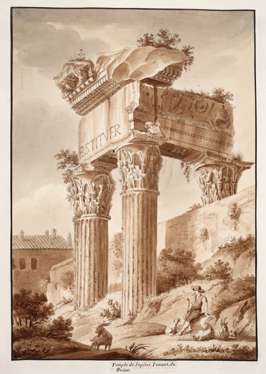 O templo de Jupiter Tonans, ruínas, 1833 (gravura com lavagem marrom) de Agostino Tofanelli