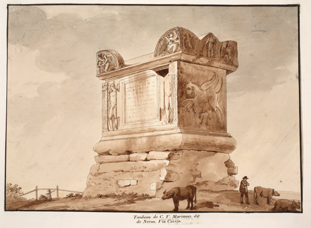 O túmulo de CV Marianus, também conhecido como Túmulo de Nero. Via Cassia, 1833 (gravura com lavagem marrom) de Agostino Tofanelli