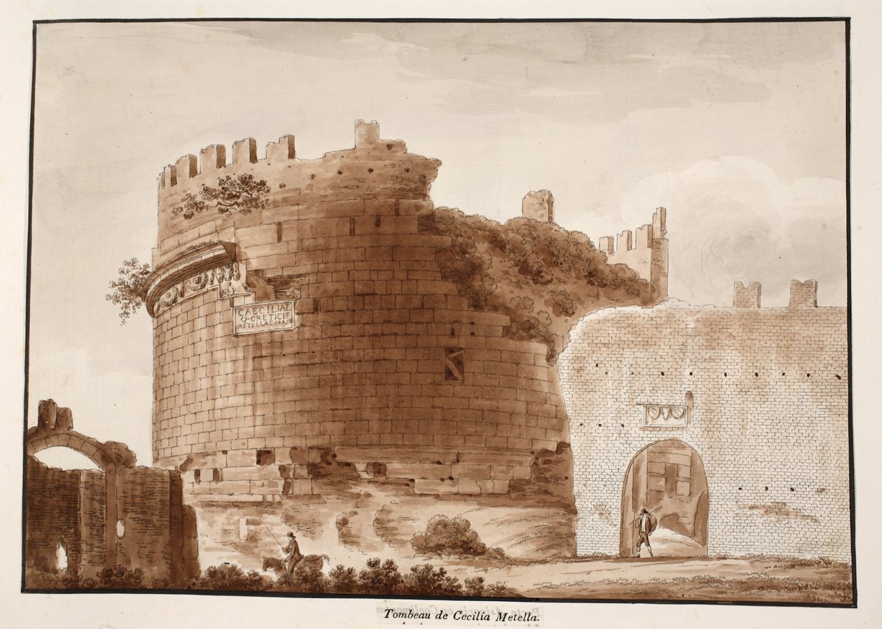 O túmulo de Cecilia Metella, 1833 (gravura com lavagem marrom) de Agostino Tofanelli