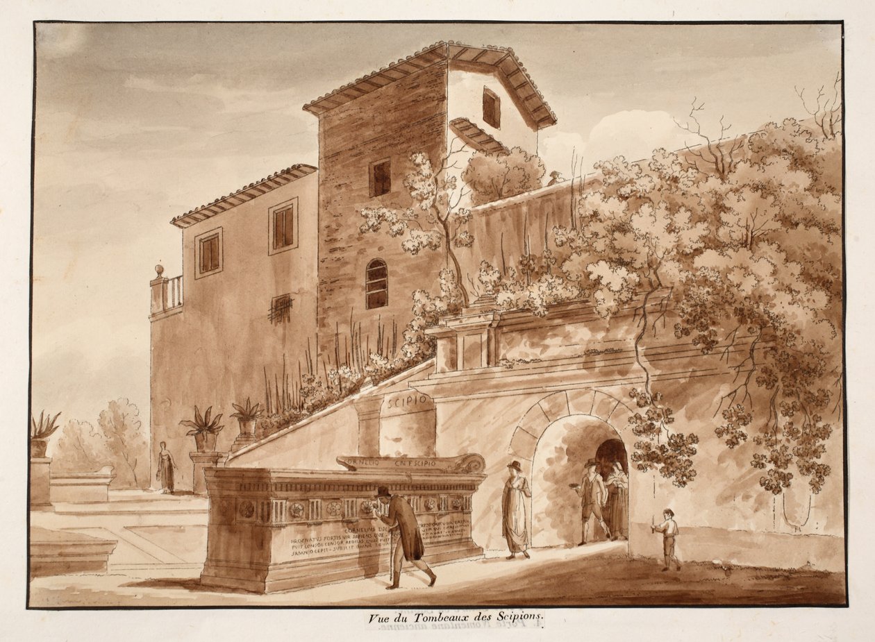 O túmulo dos Cipiões, 1833 (gravura com lavagem marrom) de Agostino Tofanelli