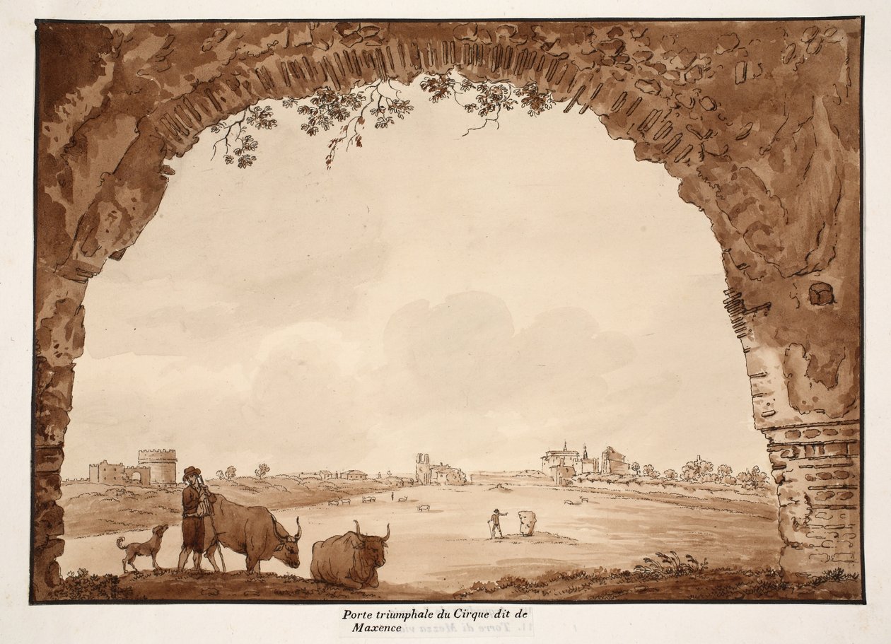 O Arco do Triunfo do Circo de Maxêncio, 1833 (gravura com lavagem marrom) de Agostino Tofanelli