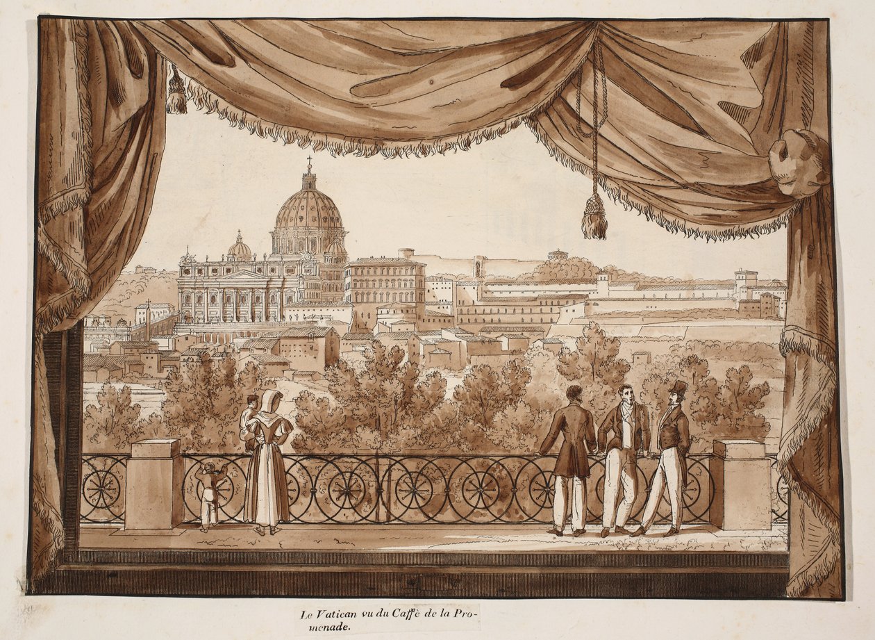 O Vaticano visto do Caffe de la Promenade, 1833 (gravura com lavagem marrom) de Agostino Tofanelli