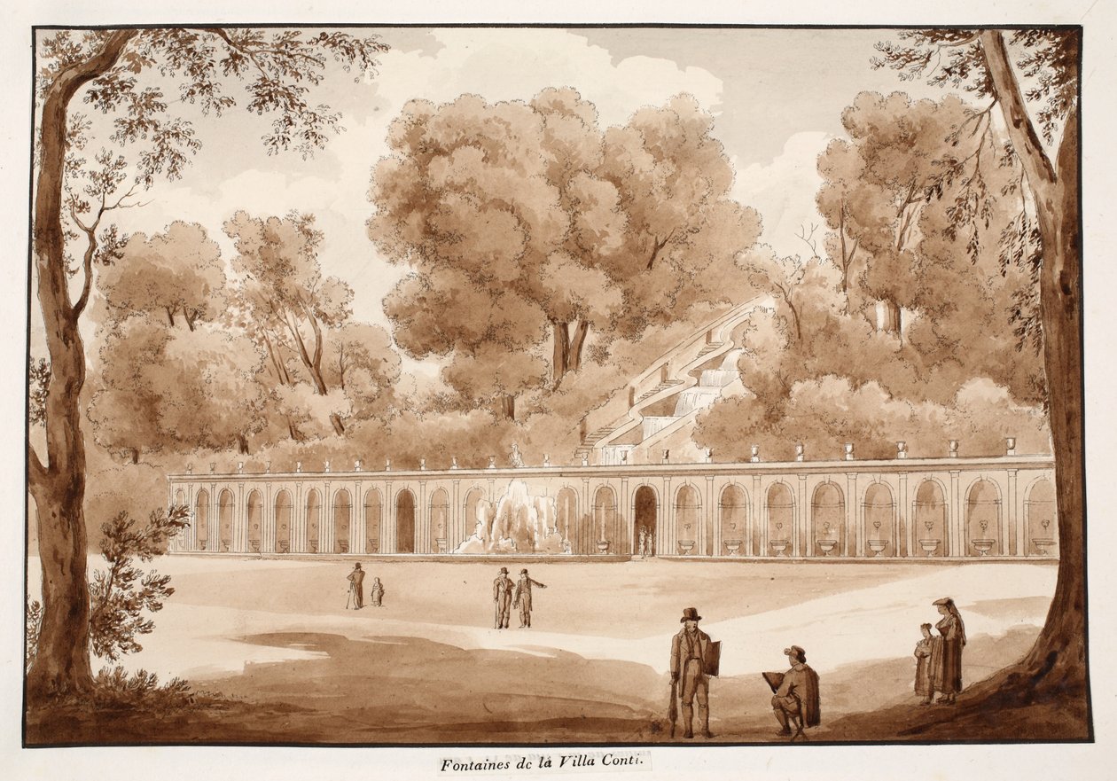 O Villa Conti Fountains, 1833 (gravura com lavagem marrom) de Agostino Tofanelli