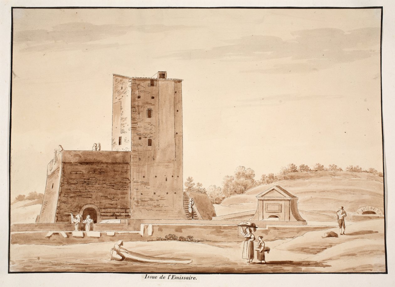 O surgimento do emmisarium do lago Albano, 1833 (gravura com lavagem marrom) de Agostino Tofanelli