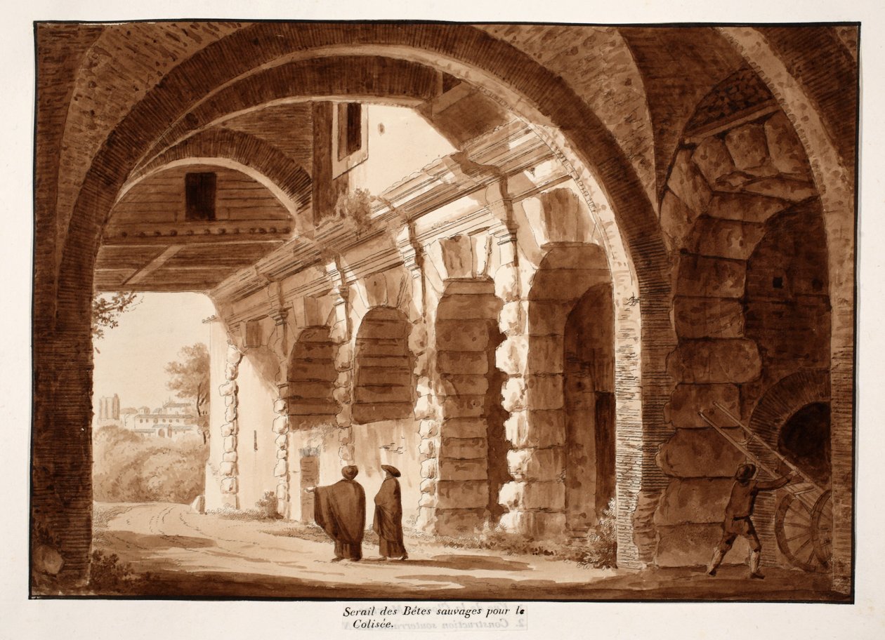 O recinto das feras selvagens para o Coliseu de 1833 (gravura com lavagem castanha) de Agostino Tofanelli