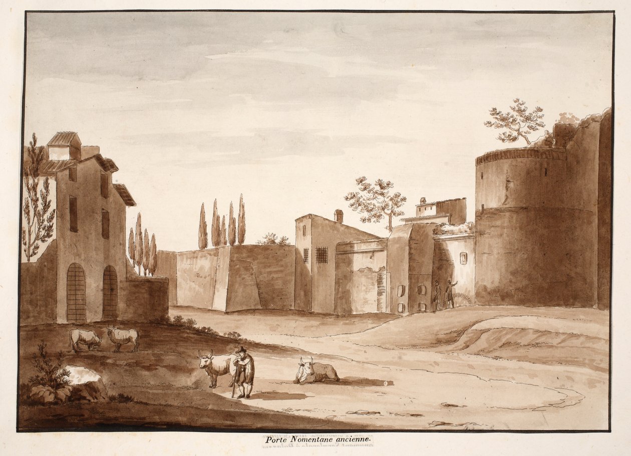 A velha Porta Nomentana, 1833 (gravura com lavagem marrom) de Agostino Tofanelli