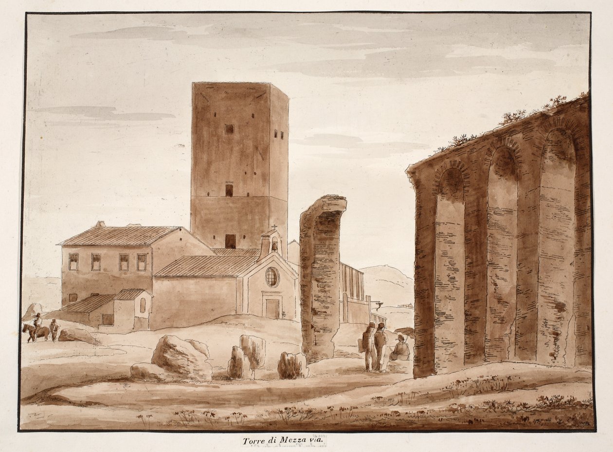 Torre de Mezza via, 1833 (gravura com lavagem marrom) de Agostino Tofanelli