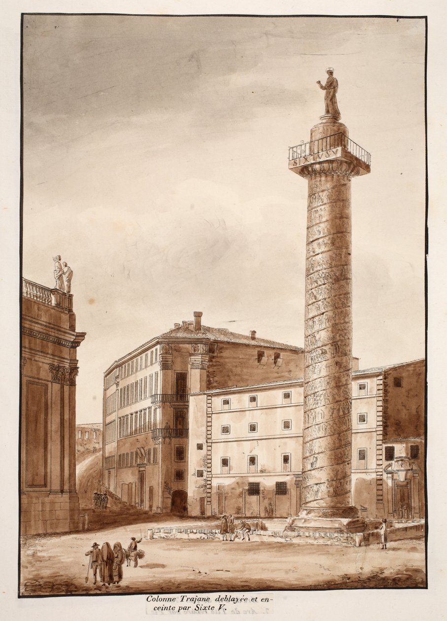 Coluna de Trajano, limpa e isolada por Sexto V, 1833 (gravura com lavagem marrom) de Agostino Tofanelli
