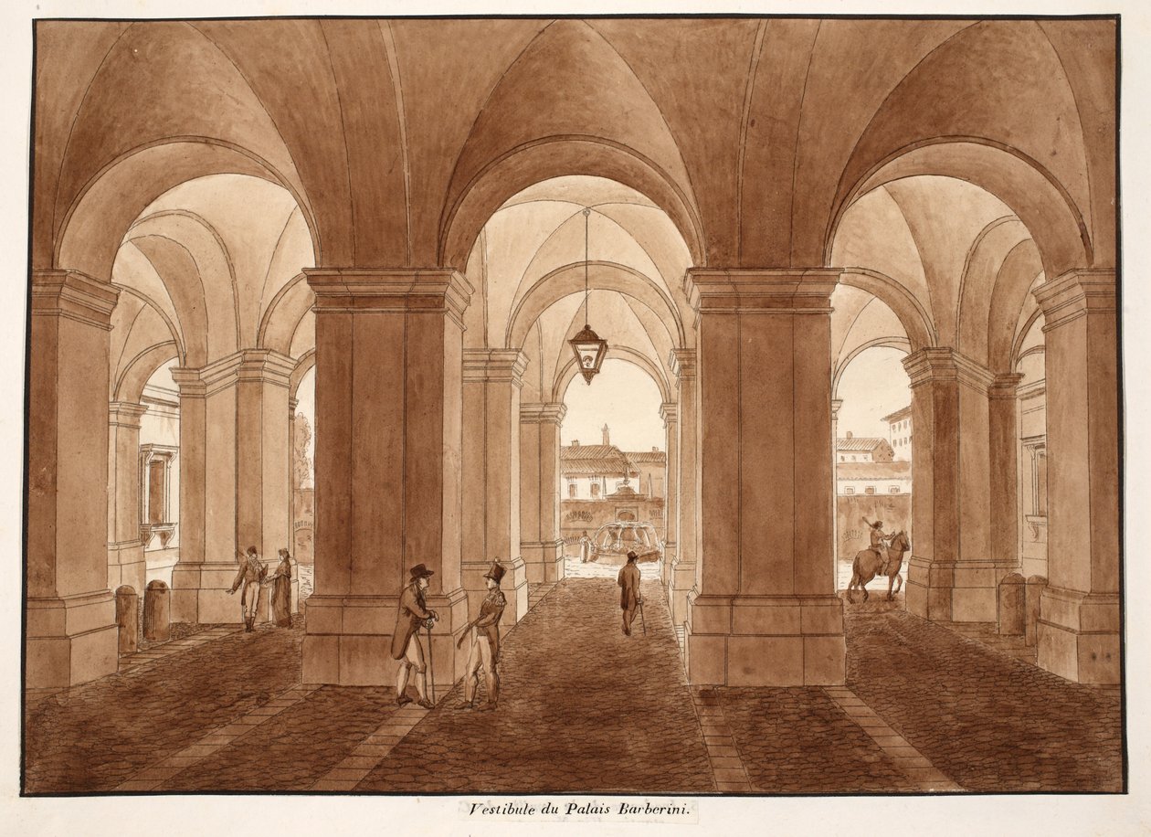 Vestíbulo do Palazzo Barberini, 1833 (gravura com lavagem marrom) de Agostino Tofanelli